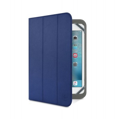 Capa protetora azul para tablet com ecrã visível e fecho dobrável.