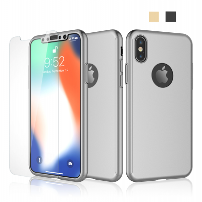 Telemóvel com capa cinza e protetor de ecrã transparente