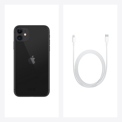 Smartphone preto Apple e cabo USB-C para Lightning branco