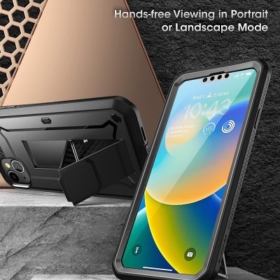 Telemóvel com capa protetora preta com suporte incorporado em posição inclinada