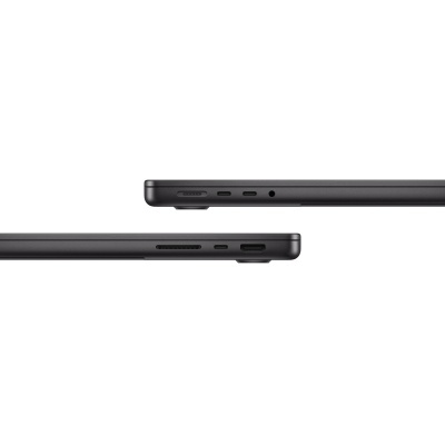 Portátil cinzento escuro visto de lados com portas USB-C, entrada áudio e HDMI