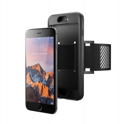 Smartphone preto com capa preta e suporte para braço