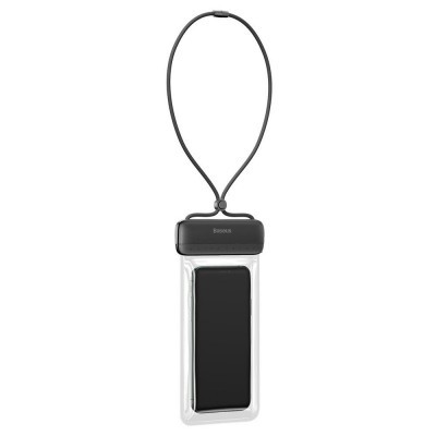 Suporte impermeável transparente com telemóvel preto no interior e cordão para pendurar
