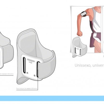 Braçadeira desportiva branca e cinza para telemóvel com ajuste por velcro, mostrada em uso em corredor.