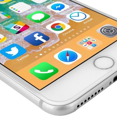 Smartphone branco com ecrã tátil colorido e botão físico circular