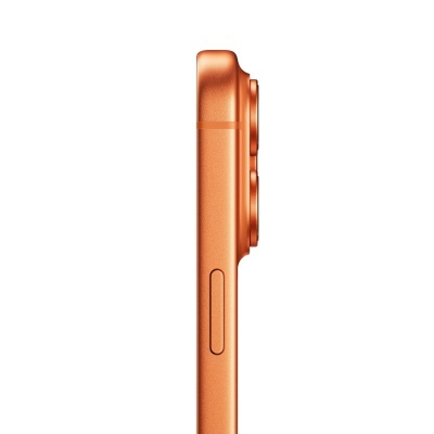 Smartphone laranja vista lateral com botão e lente da câmara