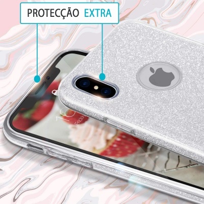Capa de telemóvel cinza prateada brilhante com glitter e texto proteção extra