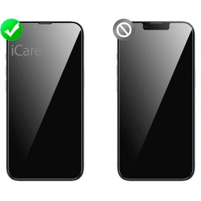 Dois smartphones pretos lado a lado, um com ecrã sem entalhe e outro com entalhe, um com símbolo verde de verificação e 'iCare', o outro com símbolo de proibição.