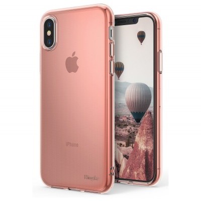 Capa protetora transparente cor rosa para iPhone com balões no ecrã