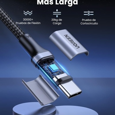 Cabo USB tipo C desmontado com texto sobre durabilidade e resistência