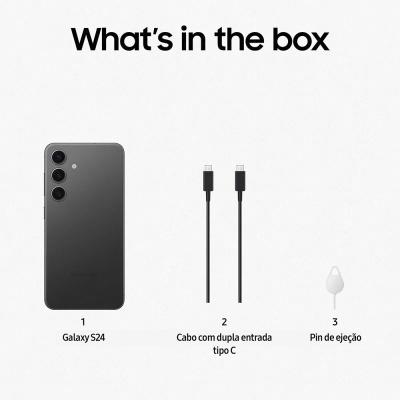 Itens incluídos na caixa do Galaxy S24: smartphone preto, dois cabos tipo C e pin de ejeção