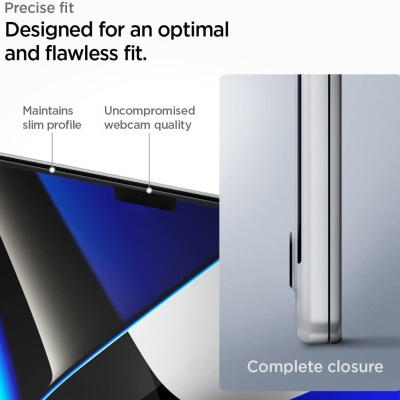 Dispositivo eletrônico prateado com ranhura e webcam integrada, texto em inglês descrevendo características de ajuste e qualidade