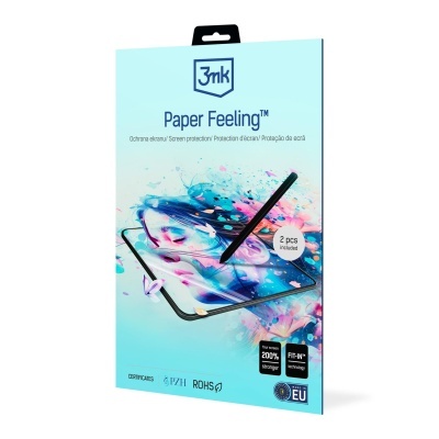 Embalagem azul claro para película protetora de ecrã 3nk Paper Feeling com texto e imagem colorida de tablet e caneta