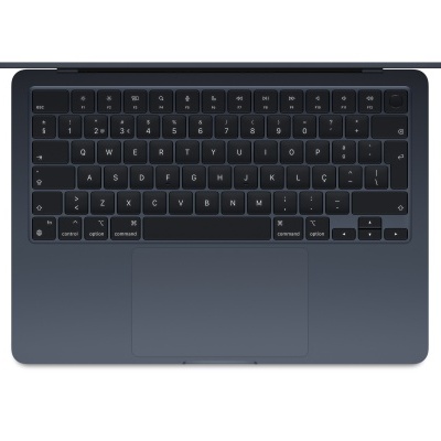Teclado de computador portátil cinza escuro com teclas pretas e trackpad central