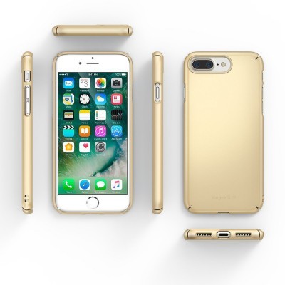 Smartphone dourado com capa protetora dourada visto de várias perspetivas