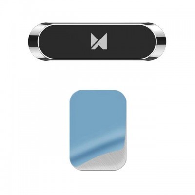 Dispositivo eletrônico preto e prata com símbolo branco, acompanhado por peça azul claro e prata texturizada