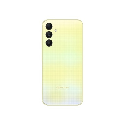 Smartphone Samsung amarelo com três câmaras traseiras e logótipo Samsung