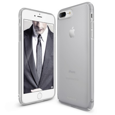 Smartphone iPhone com capa transparente cinzenta e imagem de homem de fato no ecrã