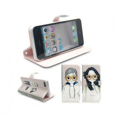 Capa para smartphone rosa com ilustração de duas personagens femininas e suporte para apoio.