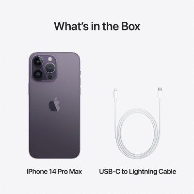 iPhone 14 Pro Max roxo e cabo USB-C para Lightning sobre fundo branco com texto explicativo.