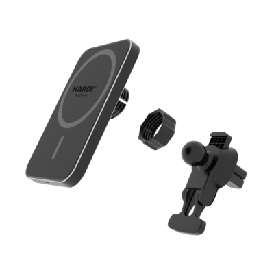 Carregador magnético e suporte para carro preto com ventosa.