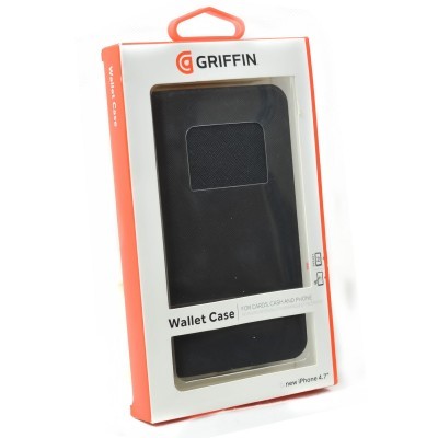 Estojo carteira preto GRIFFIN para iPhone 4,7' em embalagem branca e laranja