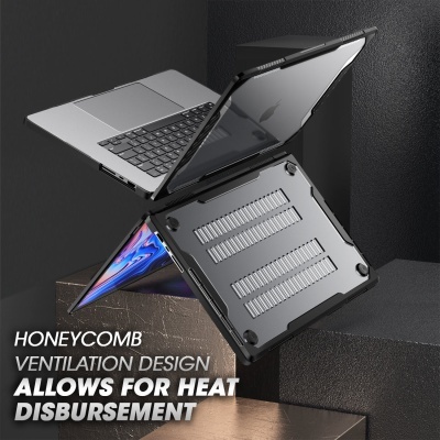 Computador portátil cinzento com ventilações tipo honeycomb na parte inferior.