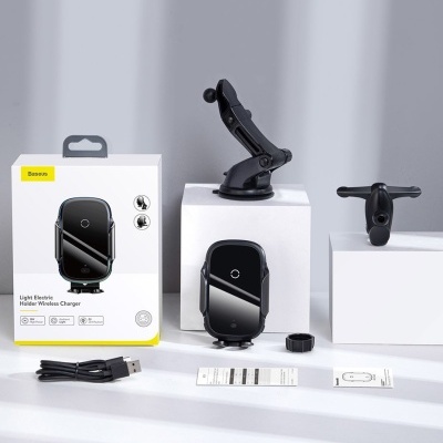 Suporte eletrónico para telemóvel com carregador wireless preto da Baseus com acessórios e caixa