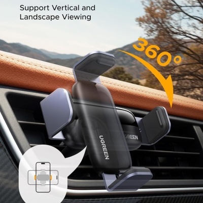 Suporte para smartphone UGREEN fixado na grelha de ventilação do carro com rotação 360°.