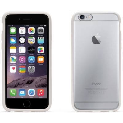 Smartphone iPhone prateado com capa branca mostrado de frente e de costas