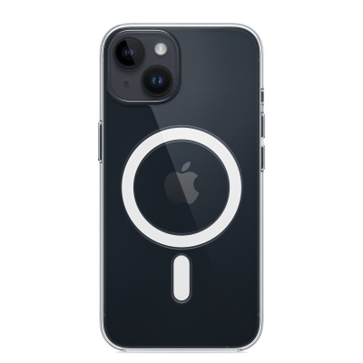 Smartphone preto com capa transparente MagSafe e logótipo da Apple