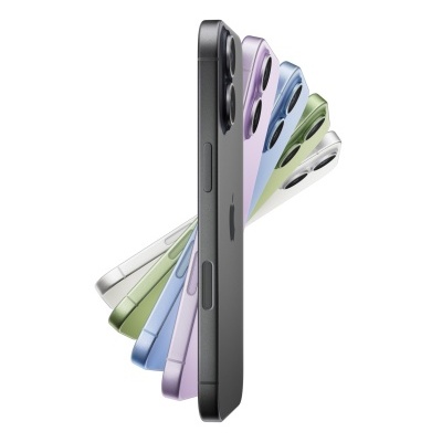 iPhones Apple em várias cores dispostos em leque mostrando as laterais e as câmaras traseiras.