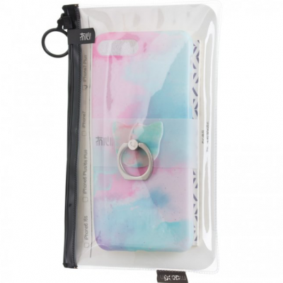 Capa de smartphone azul e rosa com anel em embalagem plástica