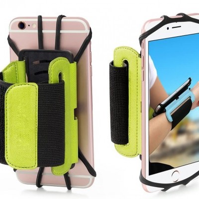 Suporte de braço para telemóvel verde e preto fixado em smartphone