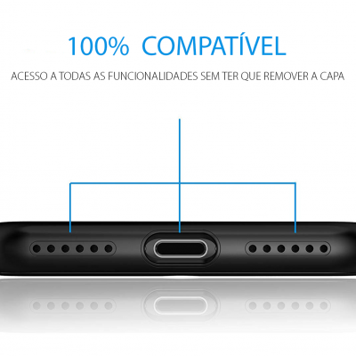 Parte inferior de smartphone preto com entrada central e texto 100% COMPATÍVEL