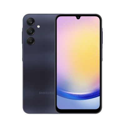 Smartphone Samsung preto visto de frente e verso com três câmaras traseiras e ecrã com notch.