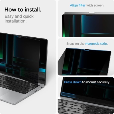 Filtro magnético preto sendo instalado num laptop prateado com instruções em inglês