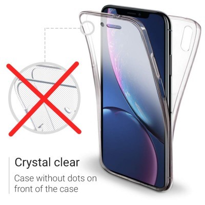 Capa transparente para telemóvel preta num smartphone e texto em inglês