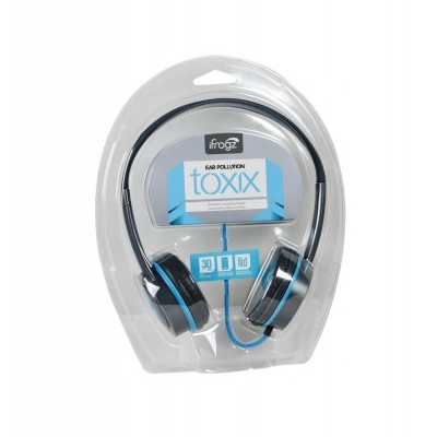auriculares Ifrogz toxx pretos e azuis em embalagem plástica