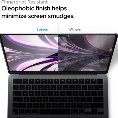 Portátil com ecrã dividido mostrando acabamentos oleofóbicos versus outros.