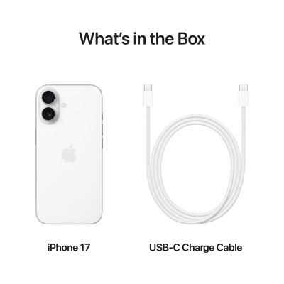 iPhone 17 branco com cabo USB-C de carregamento branco.