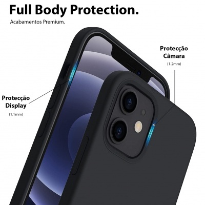 Capa protetora preta para smartphone com anotações de proteção no ecrã e câmara