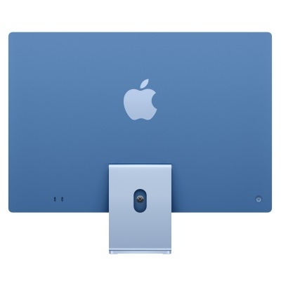 monitor Apple azul visto de trás com suporte prateado e botão de ligar