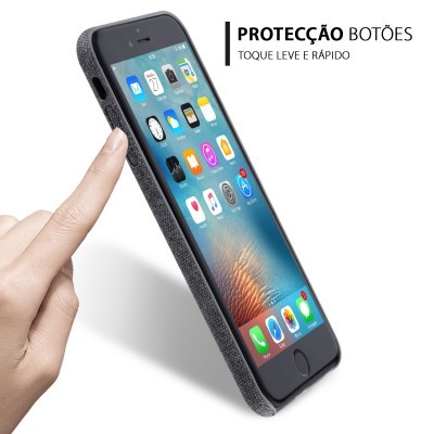 Smartphone com capa protetora cinza e texto promocional em português