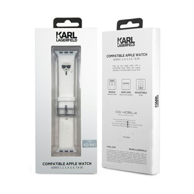 Pulseira branca para Apple Watch em embalagem branca com texto Karl Lagerfeld.