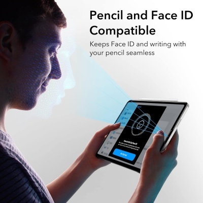Pessoa usando tablet com reconhecimento facial e texto sobre compatibilidade com Pencil e Face ID
