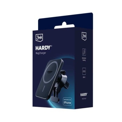 Embalagem com carregador magnético para iPhone da marca HARDY em fundo branco