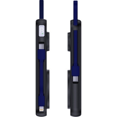 Power bank preto com cabos azuis integrados e ecrã digital a 100%