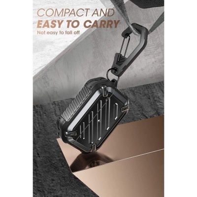 Mala compacta preta pendurada por uma trela com mosquetão