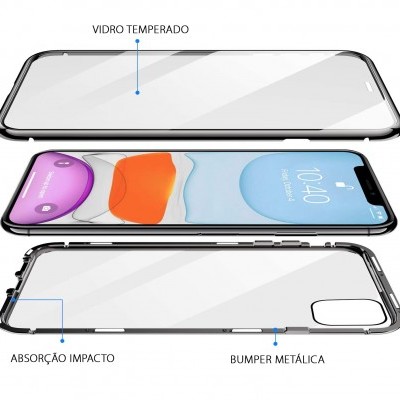 Capa transparente para smartphone com partes em vidro temperado, absorção de impacto e bumper metálica